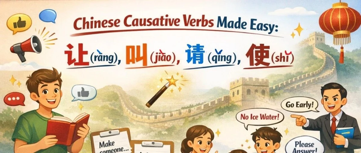 让、叫、请与使 — illustrated Chinese learning guide