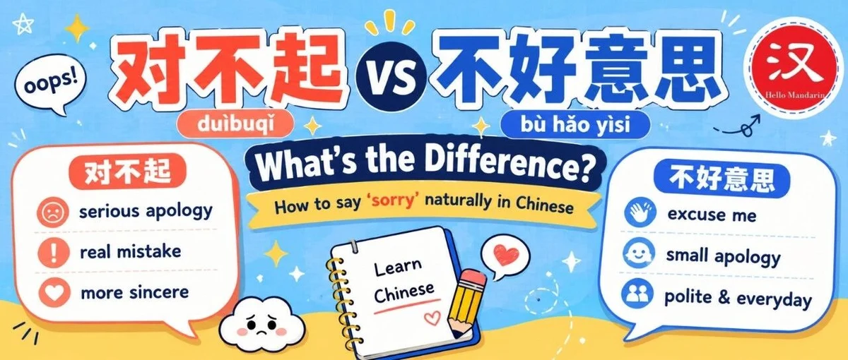 对不起与不好意思 — illustrated Chinese learning guide