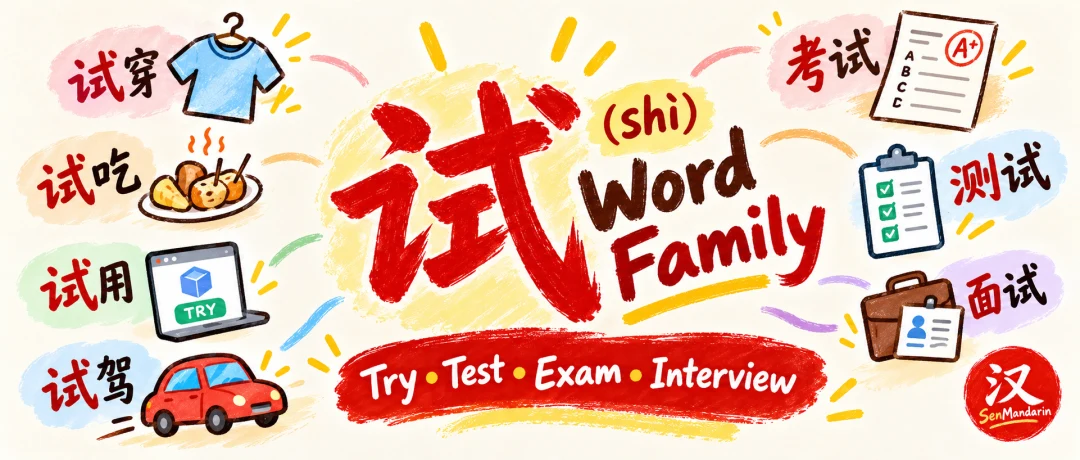 Illustrated 试 word family with trying on clothes, sampling food, test driving, exams and interviews.