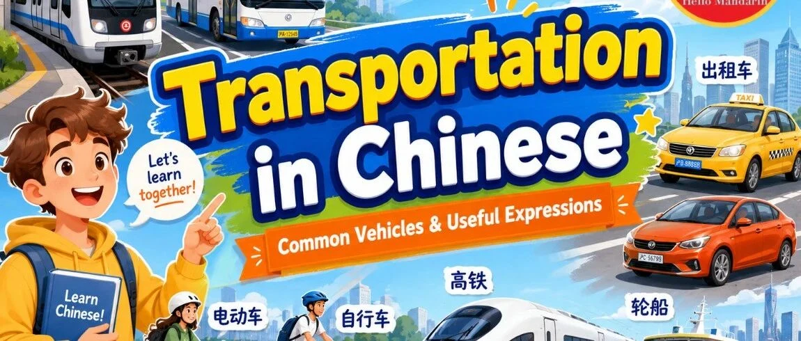 常见交通工具与出行表达 — illustrated Chinese learning guide