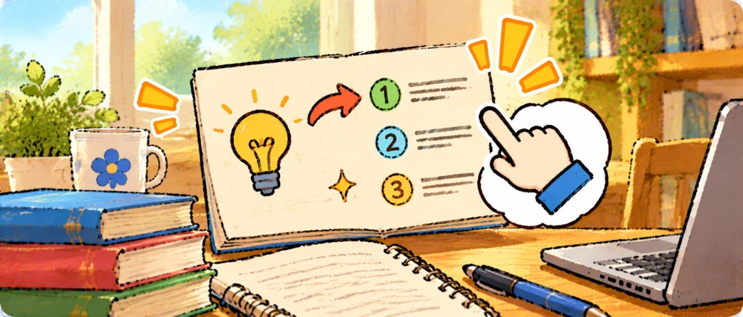 Illustration of trying a method, with a checklist and a hand selecting a step.