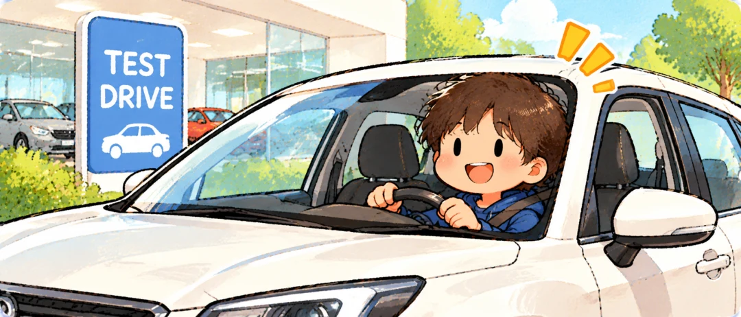 Learner test driving a car, illustrating 试驾.