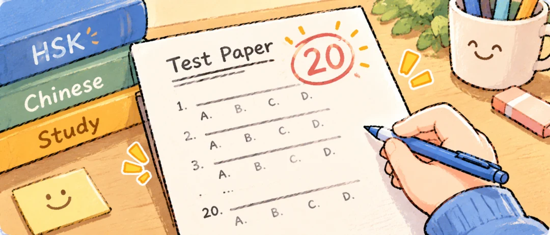 Test paper with twenty questions, illustrating 试卷 and 试题.