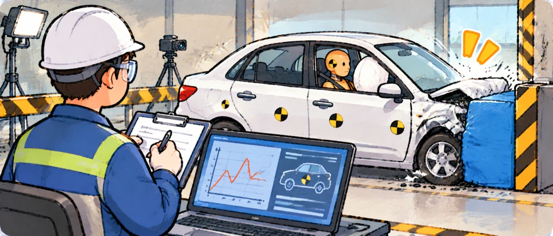 Engineers conducting a vehicle safety test, illustrating 试验.