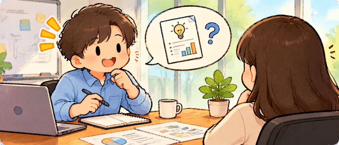 A cautious discussion in an office, illustrating 试探.