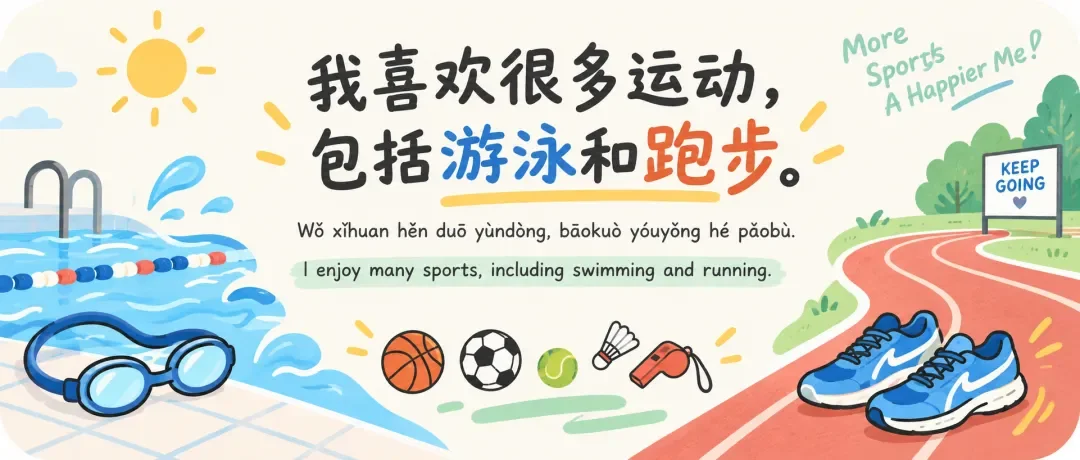 Chinese learning illustration: 我喜欢很多运动,包括游泳和跑步。