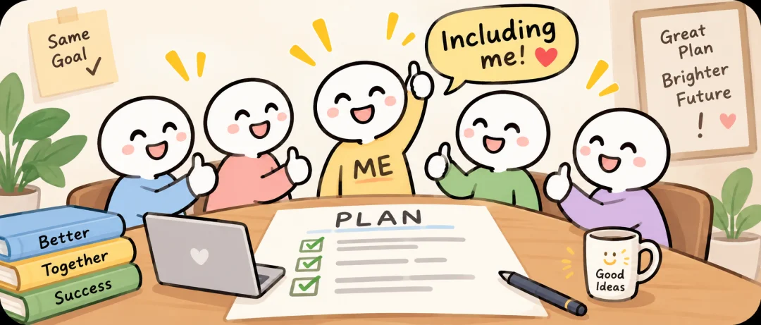 Chinese learning illustration: 包括我在内,大家都同意这个计划。