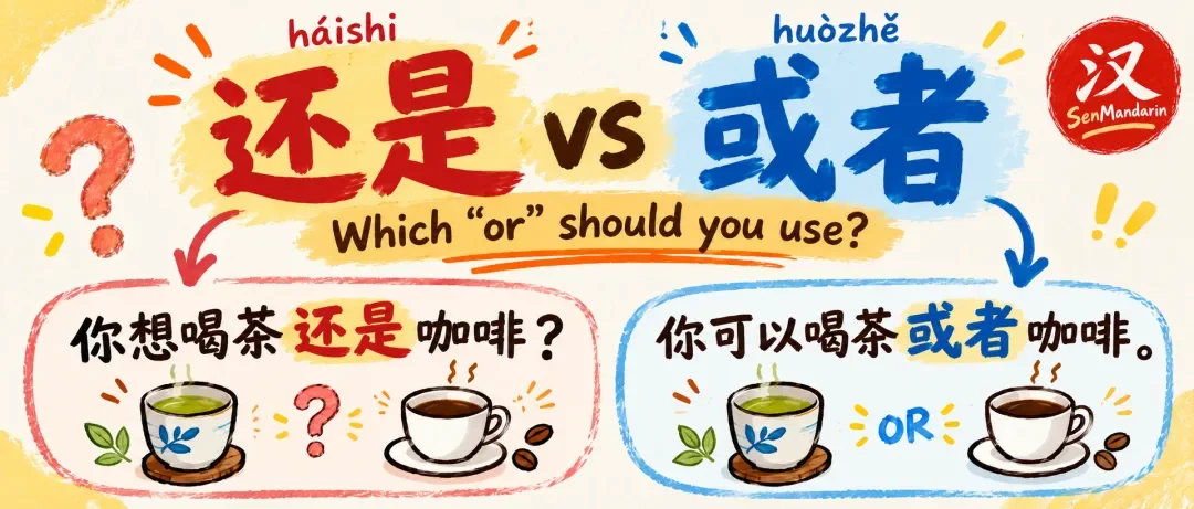 Chinese learning illustration: 还是 (háishi) vs 或者 (huòzhě): Which “Or” Should You Use in Chinese?