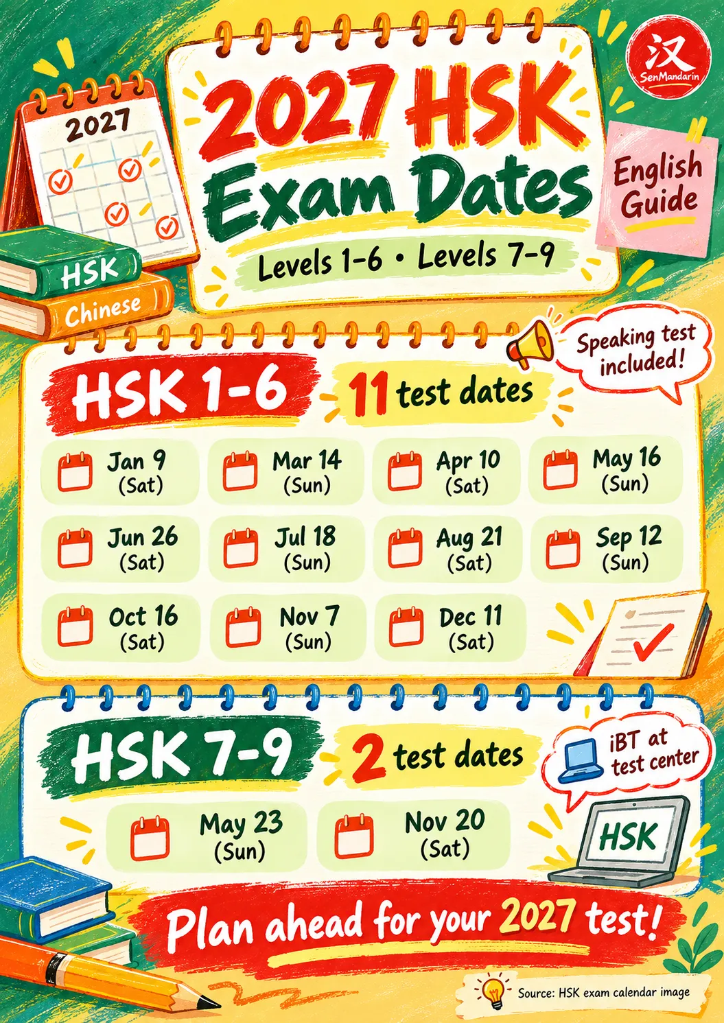 2027 HSK reference calendar: eleven dates for levels 1–6 and two dates for levels 7–9