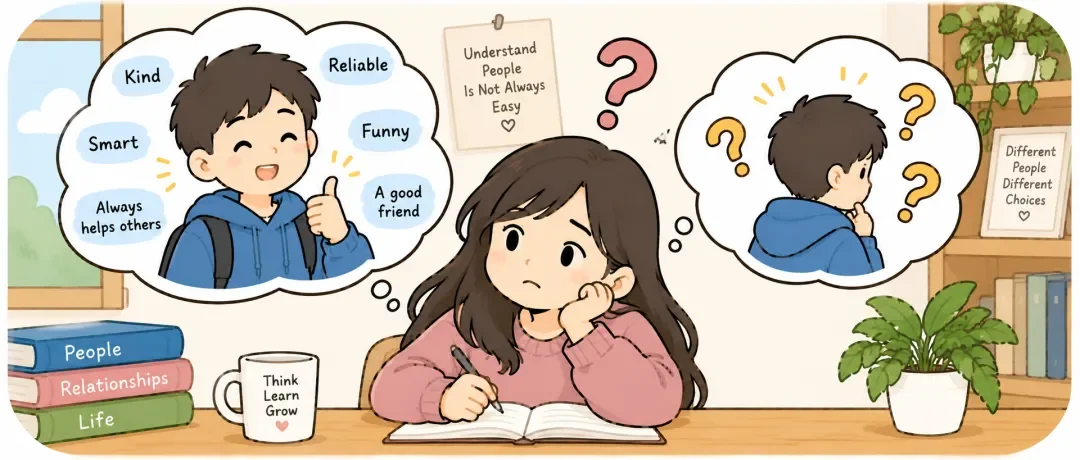 Chinese learning illustration: 我很了解他,但是我不理解他为什么这么做。