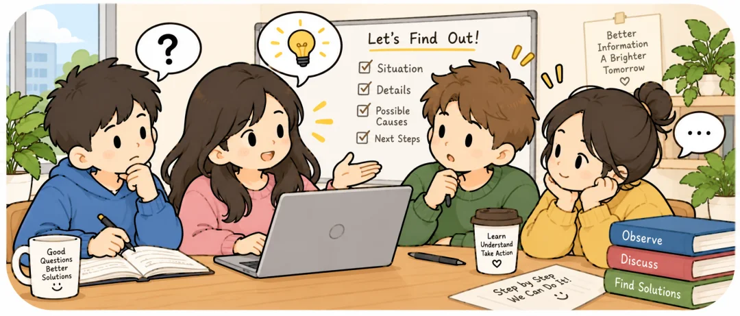 Chinese learning illustration: 我们先了解一下情况。