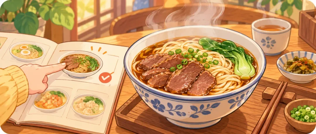 Chinese learning illustration: 🍽️ 1. 想好了吗?(Xiǎng hǎo le ma?)
