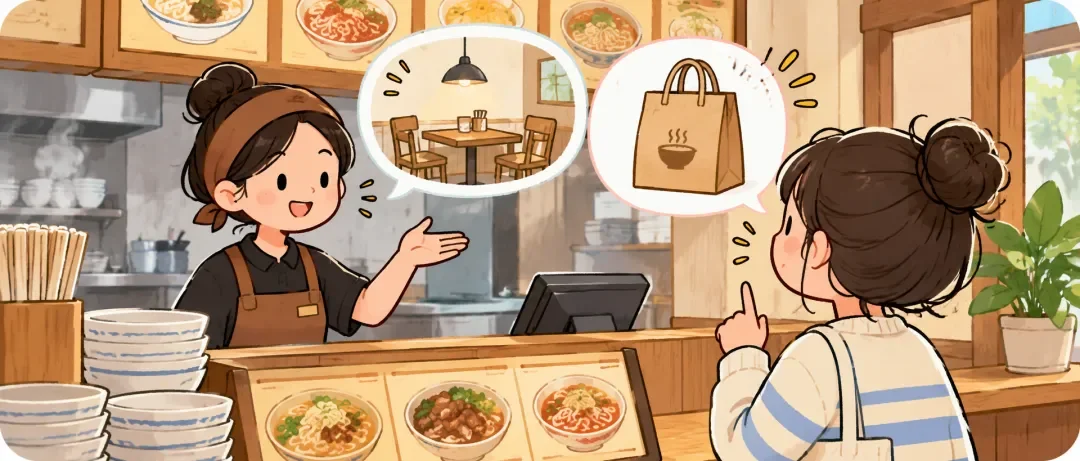 Chinese learning illustration: 🥡 2. 在这儿吃还是带走?(Zài zhèr chī háishi dài zǒu?)