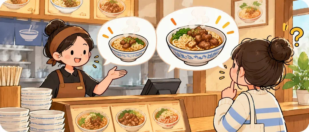 Chinese learning illustration: 🍜 3. 大碗还是小碗?(Dà wǎn háishi xiǎo wǎn?)