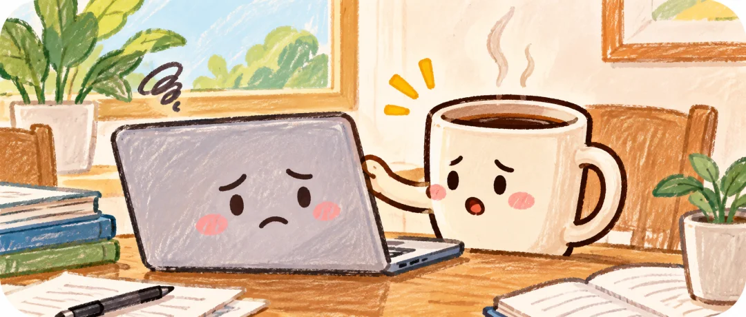 Illustration of a concerned laptop and a cup