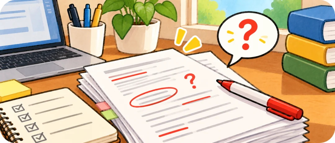 Illustration of questions beside a laptop and notebook