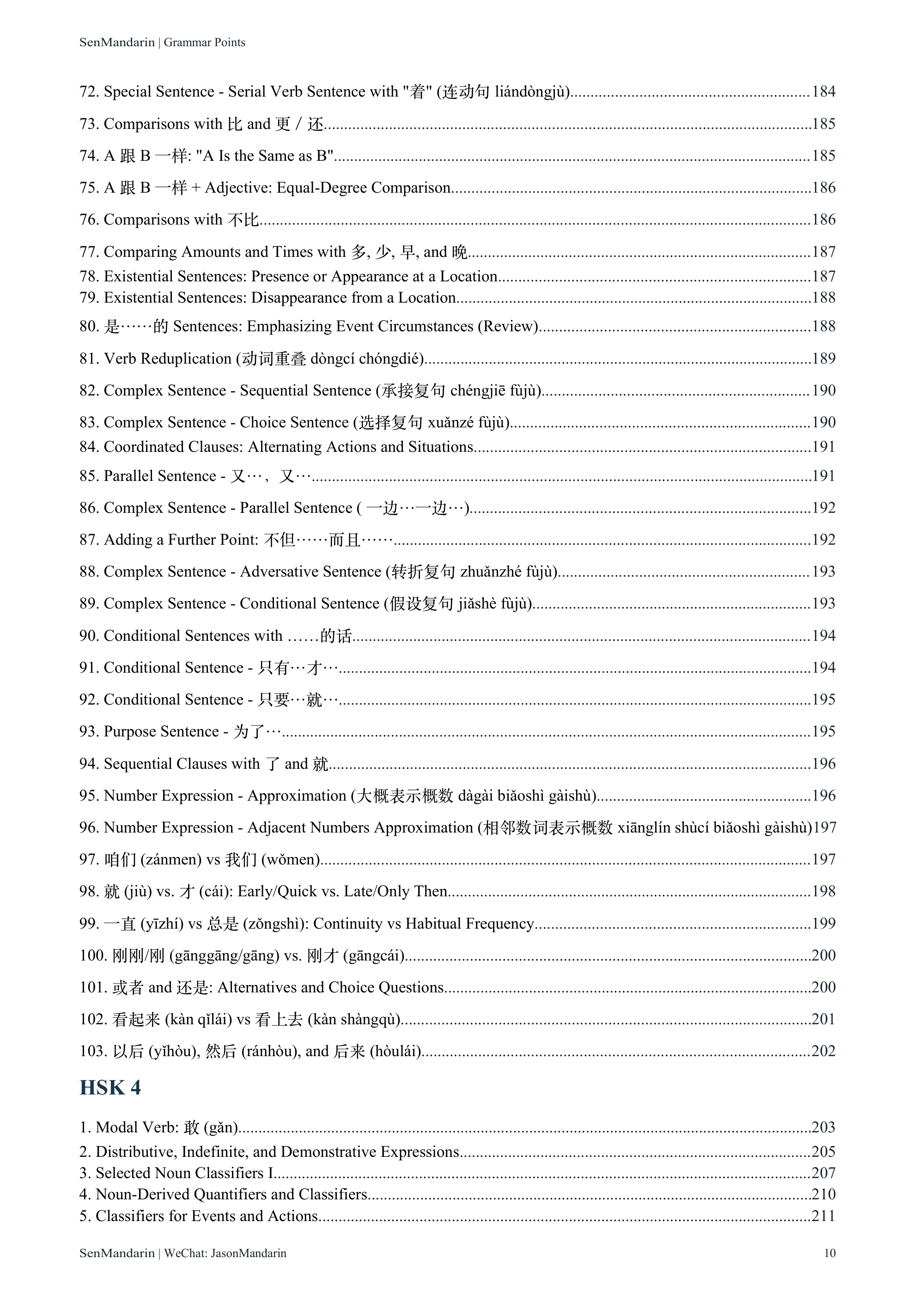 New HSK 1-9 Grammar Points: original table of contents 7, PDF page 10
