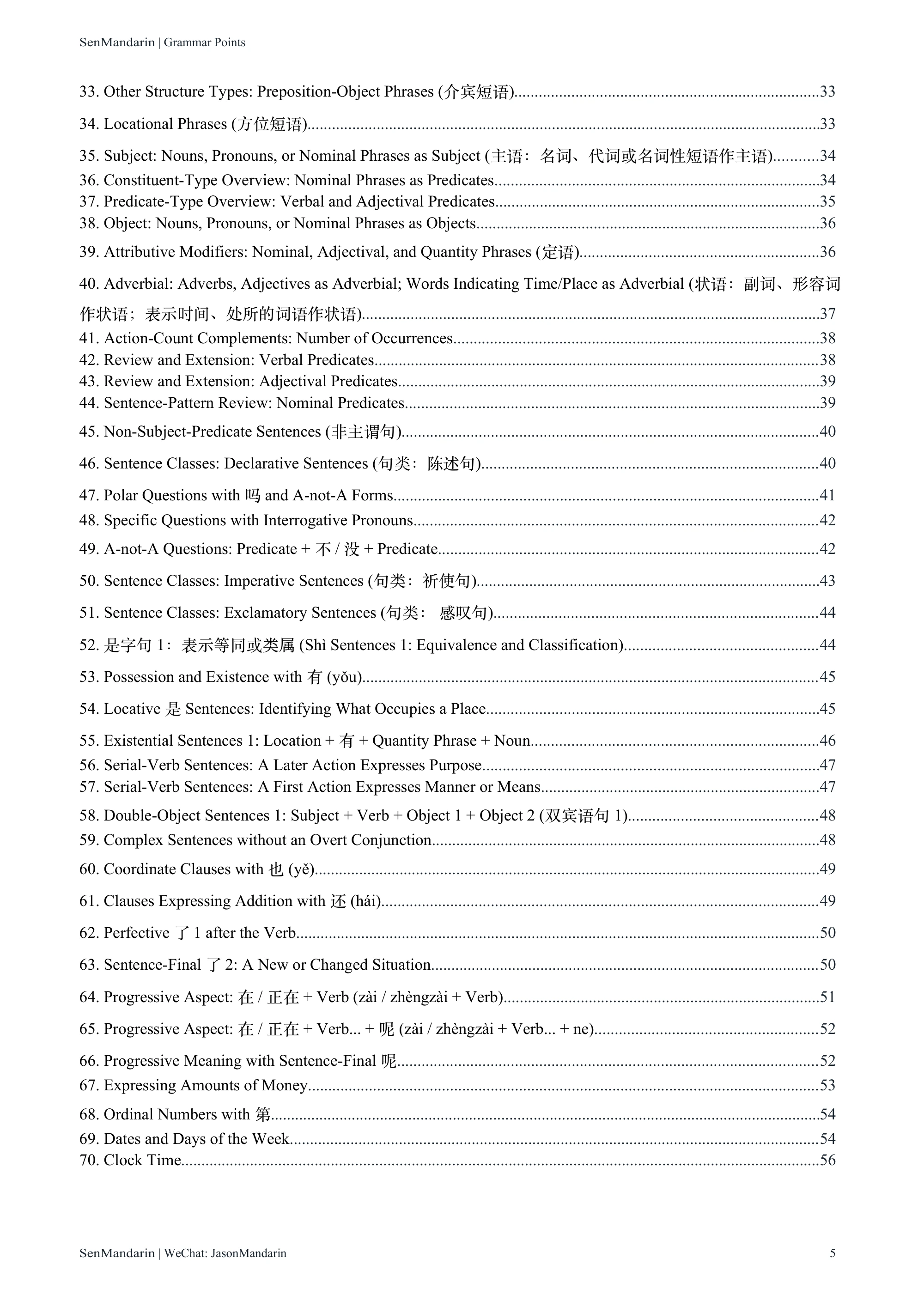 New HSK 1 Grammar Points: original table of contents 2, PDF page 5