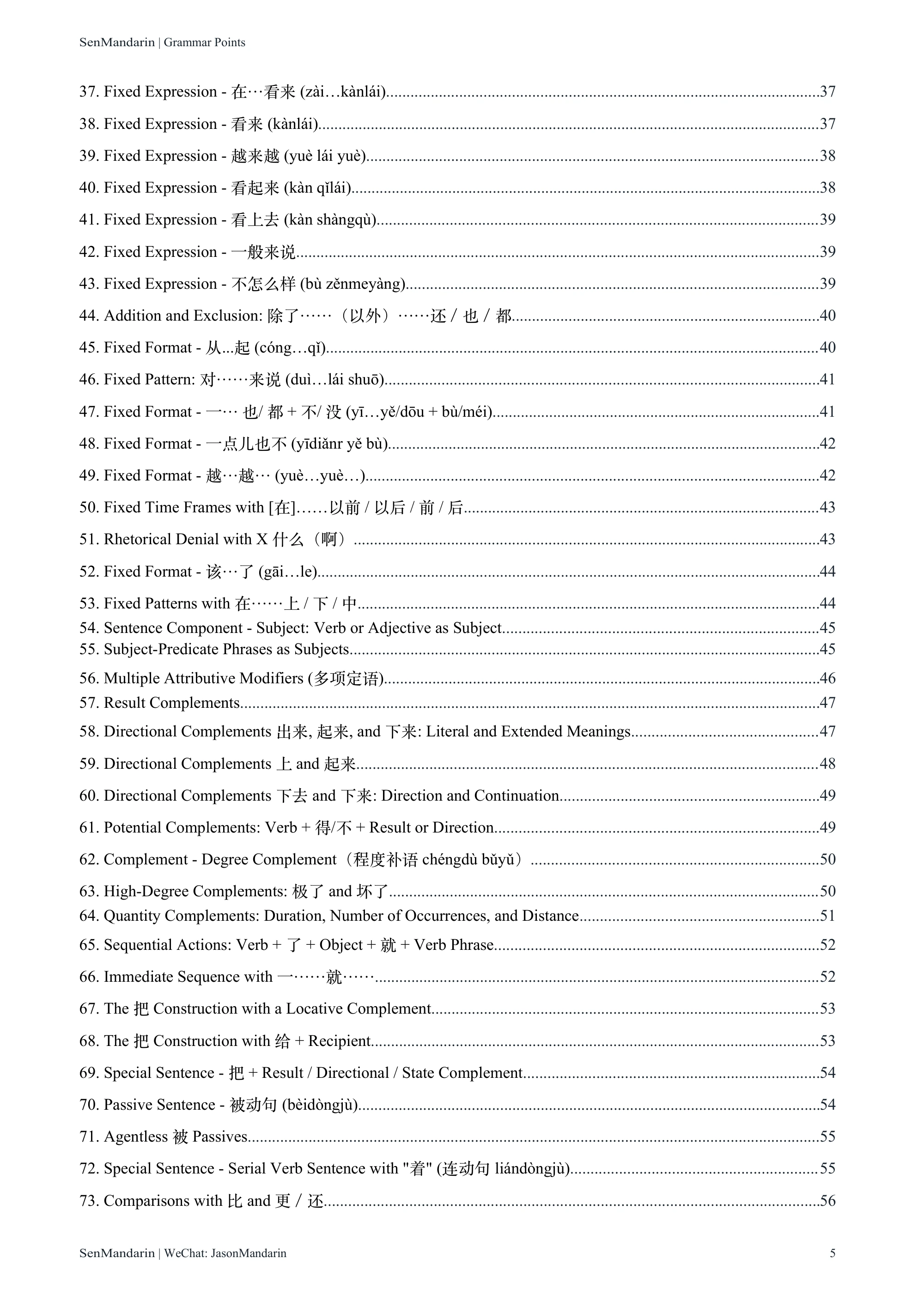 New HSK 3 Grammar Points: original table of contents 2, PDF page 5